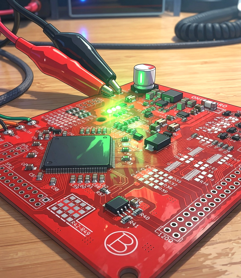 Board on the bench, probes on the rail